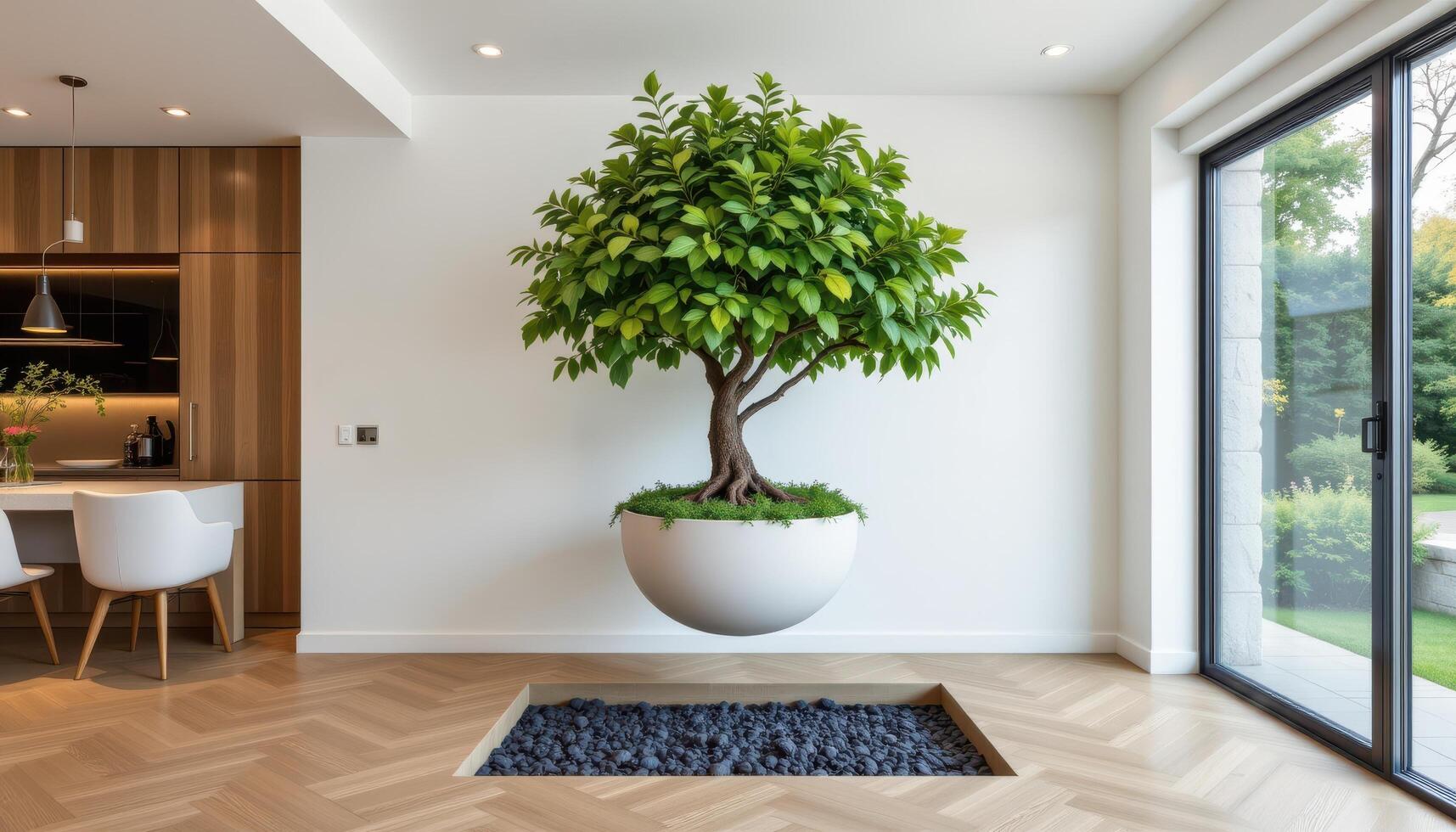 floating planter holding an indoor tree above a recessed floor photo