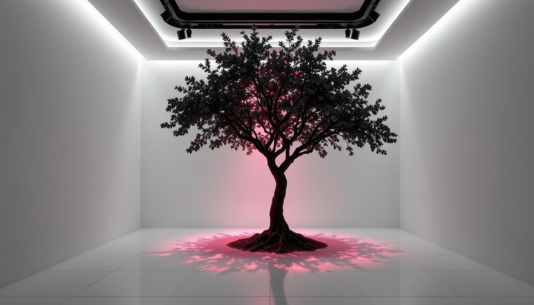 black and white room with a tree highlighted by colored spotlight photo