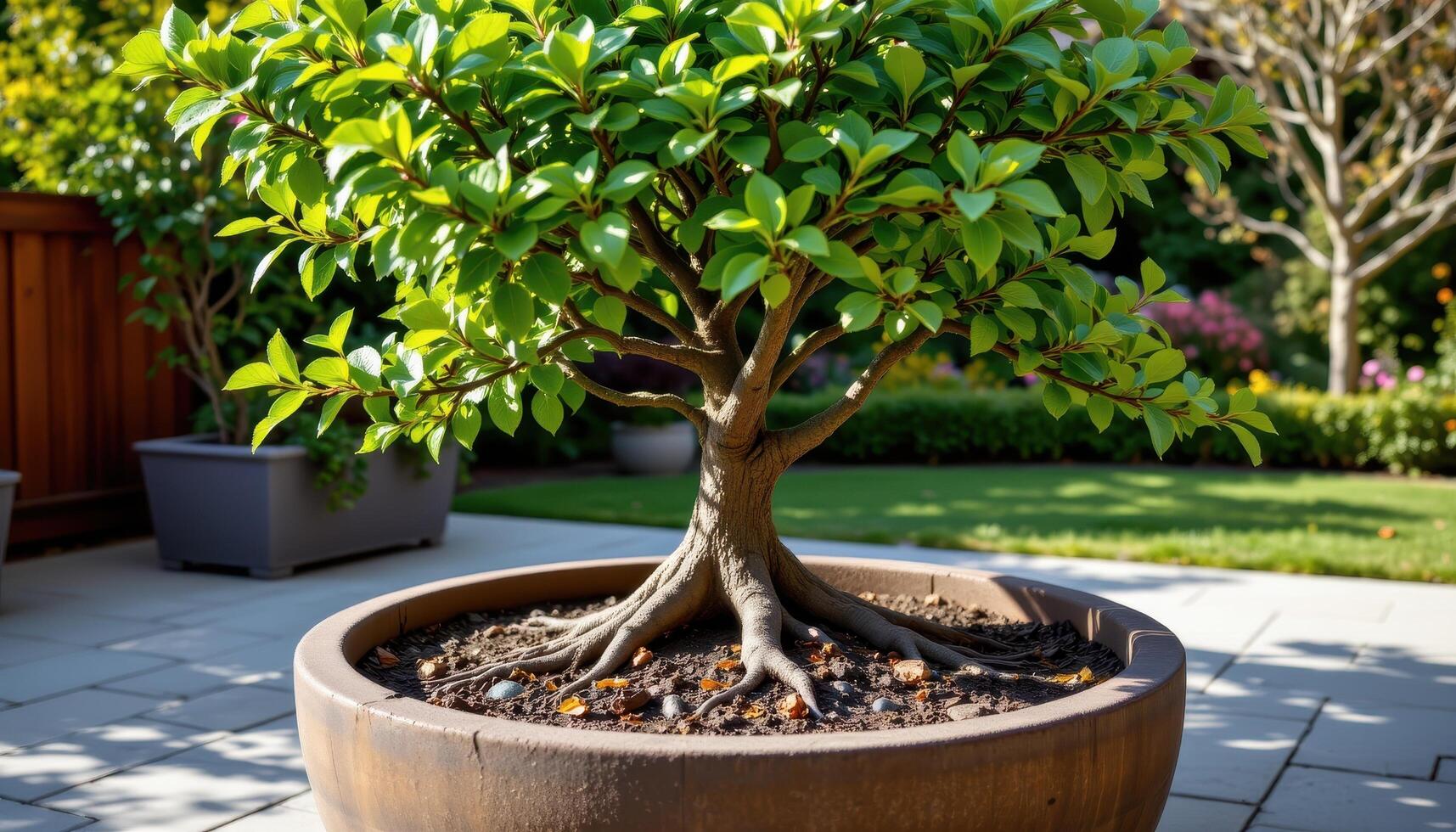 wide tree with shallow roots growing in a large circular planter photo