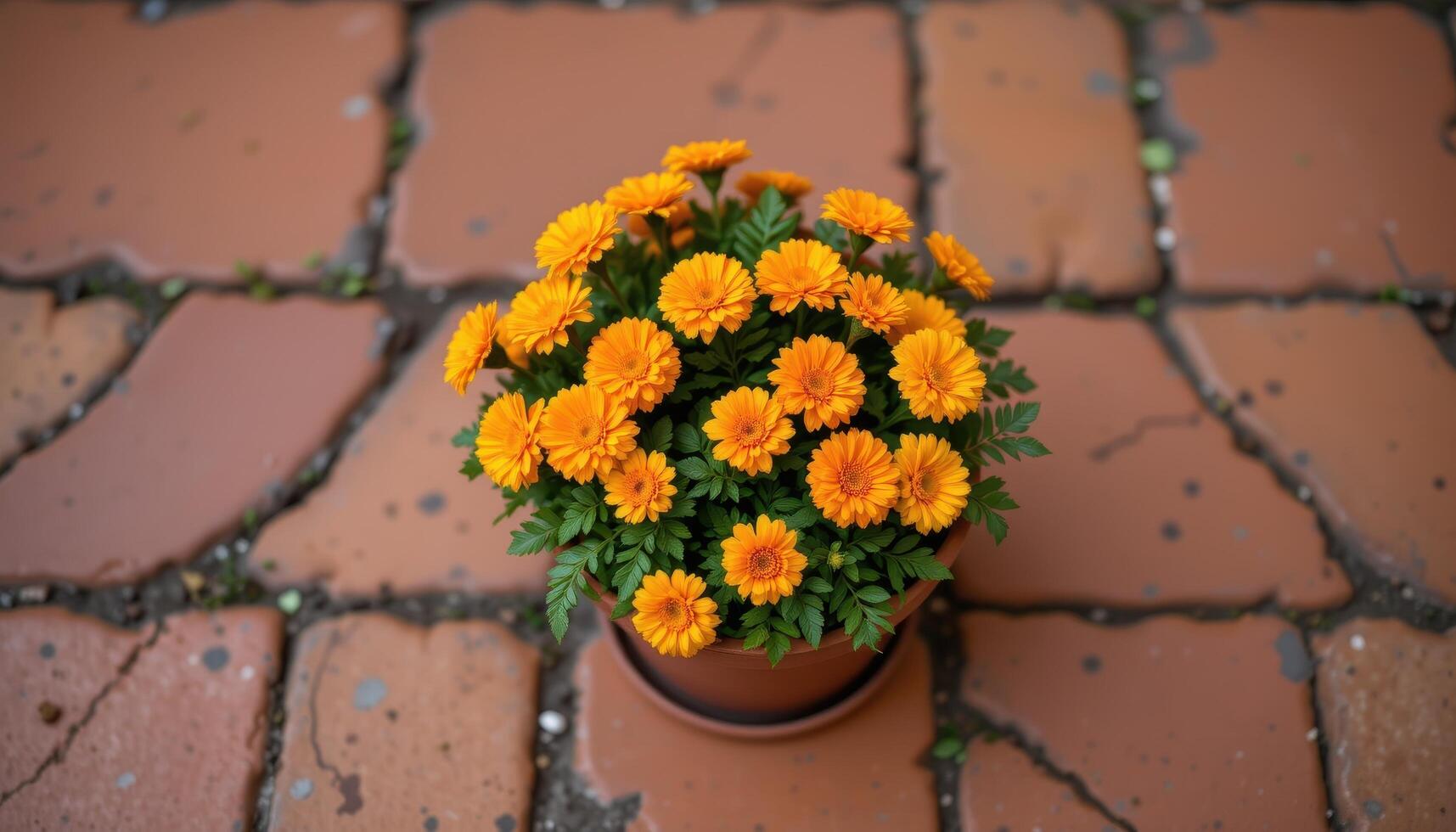 petite bouquet of marigolds on terracotta tiles photo