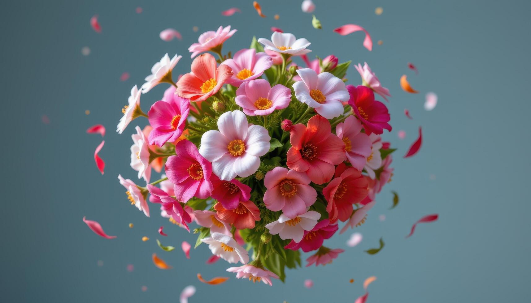 floating bouquet formed by hovering flowers in midair photo
