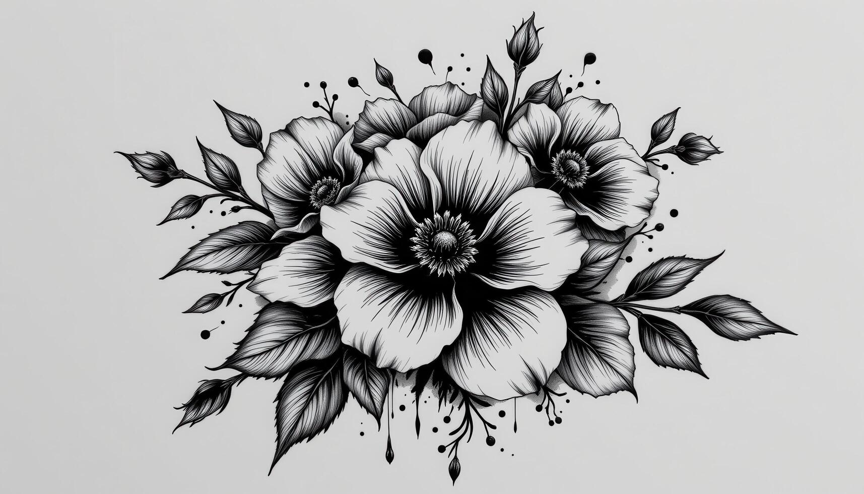 black and white stylized bouquet drawn with ink strokes photo
