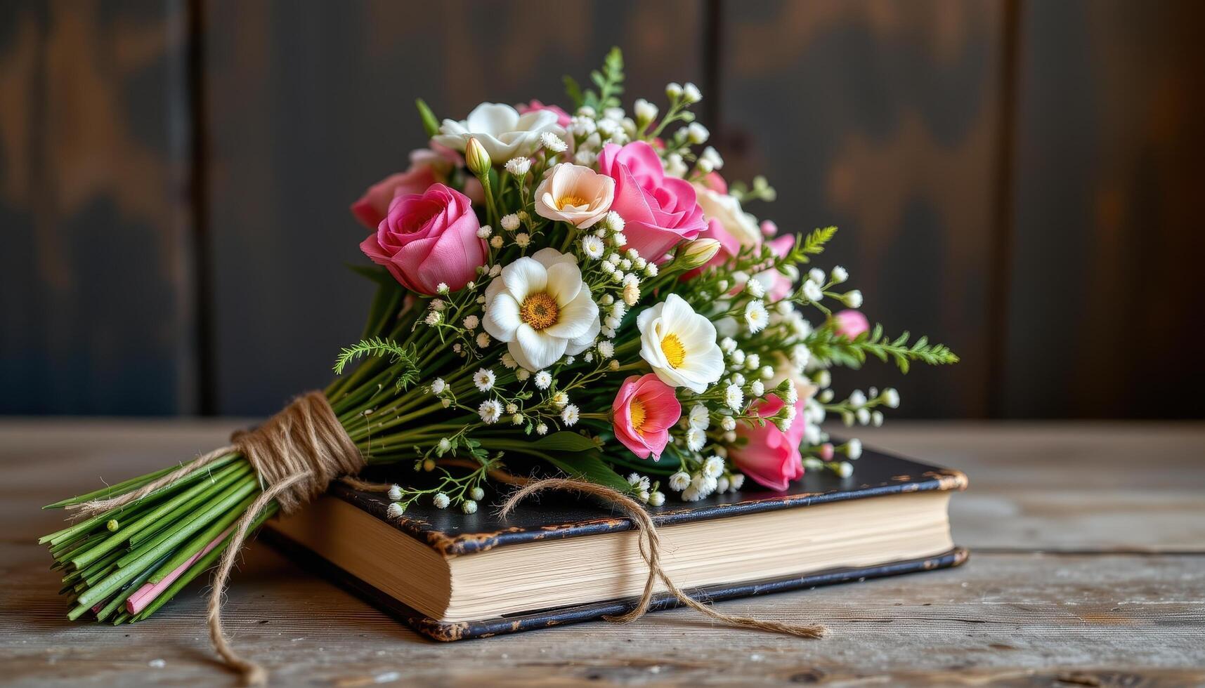bouquet tied with jute string and resting on an old book photo
