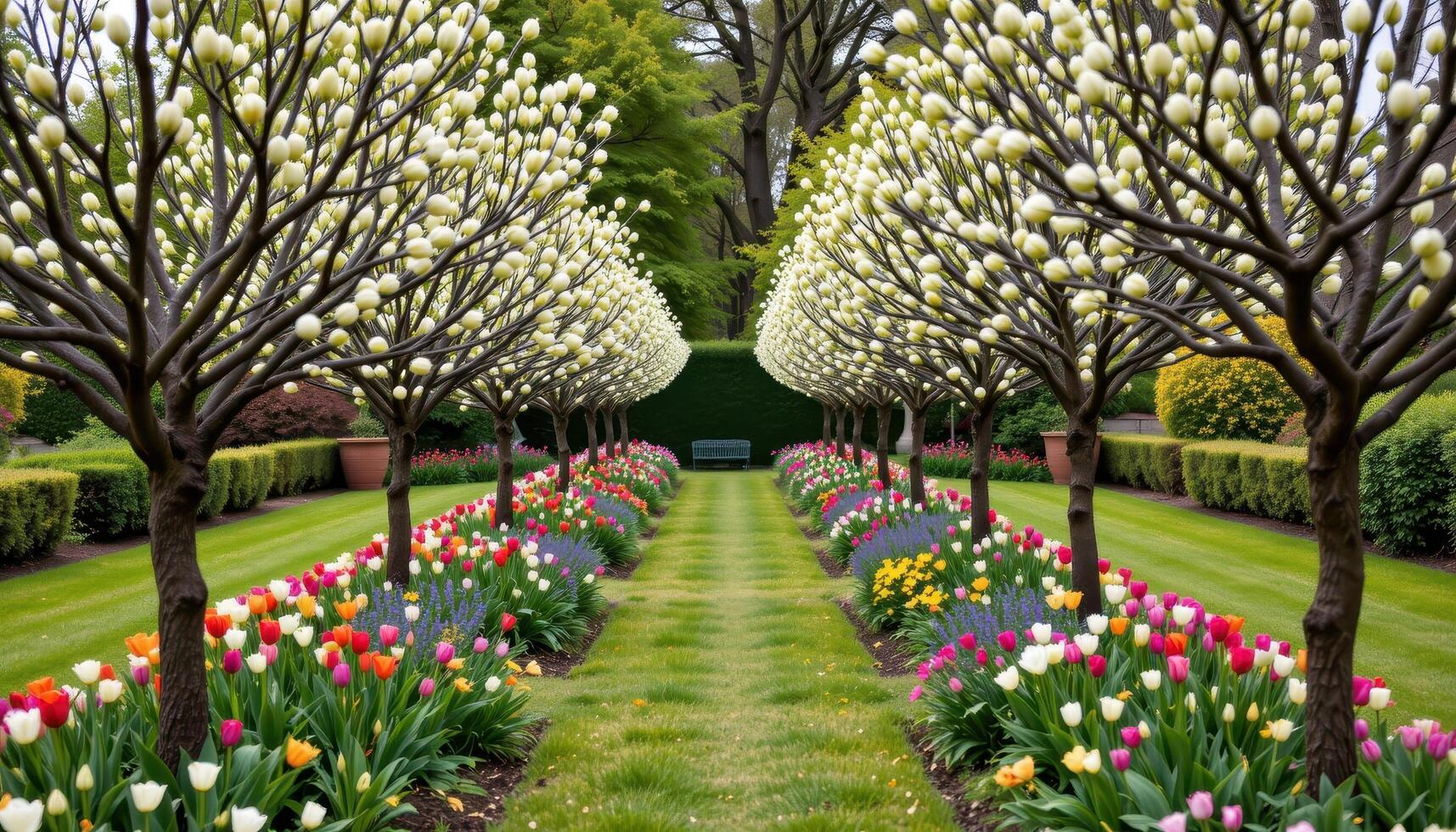 budding tulip trees lining a symmetrical garden path photo