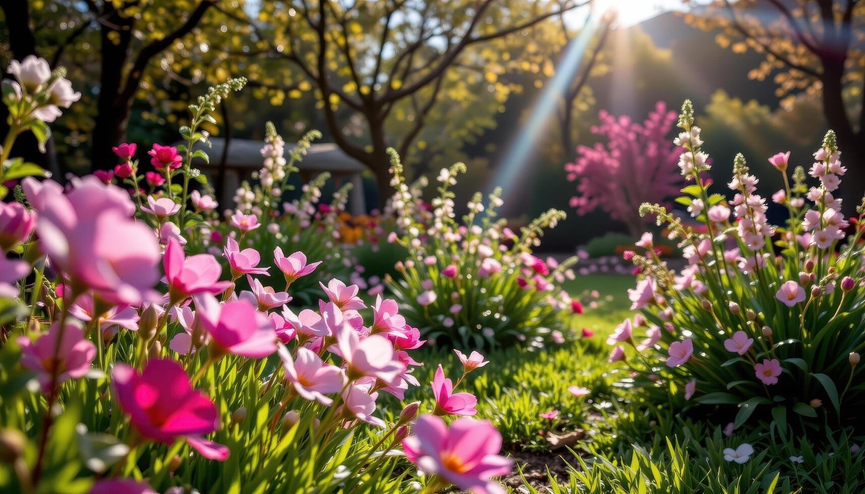 open glade filled with spring blooms in sunlight photo