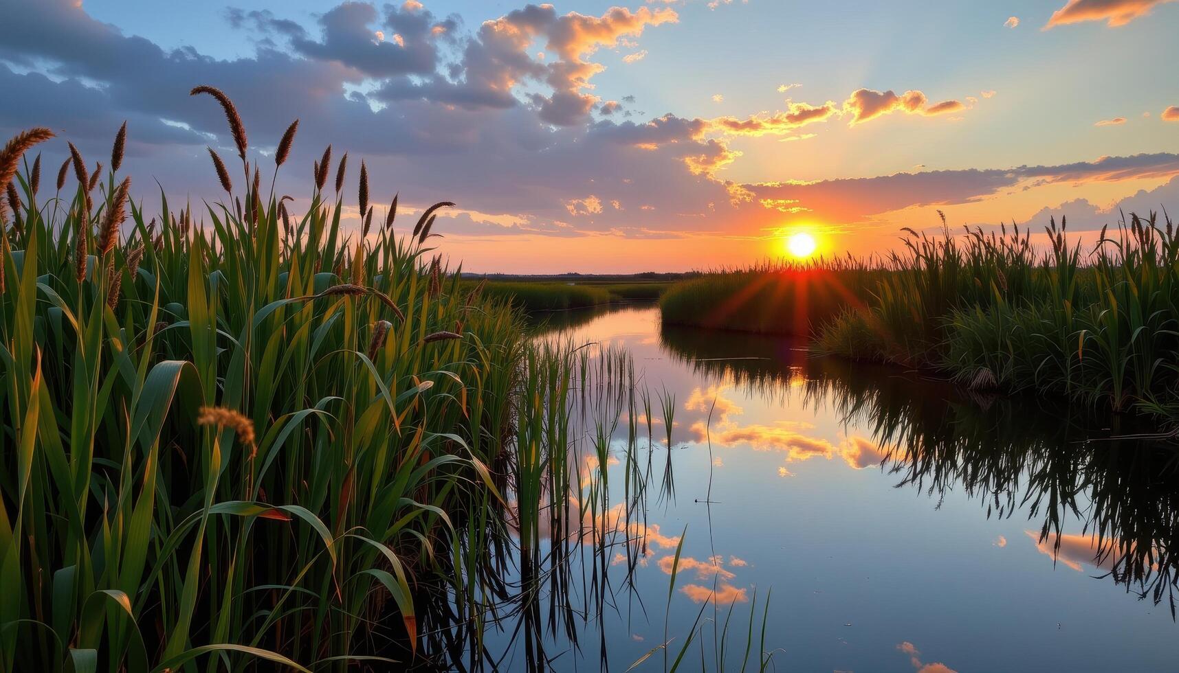 marshland with tall reeds and glowing evening sky photo