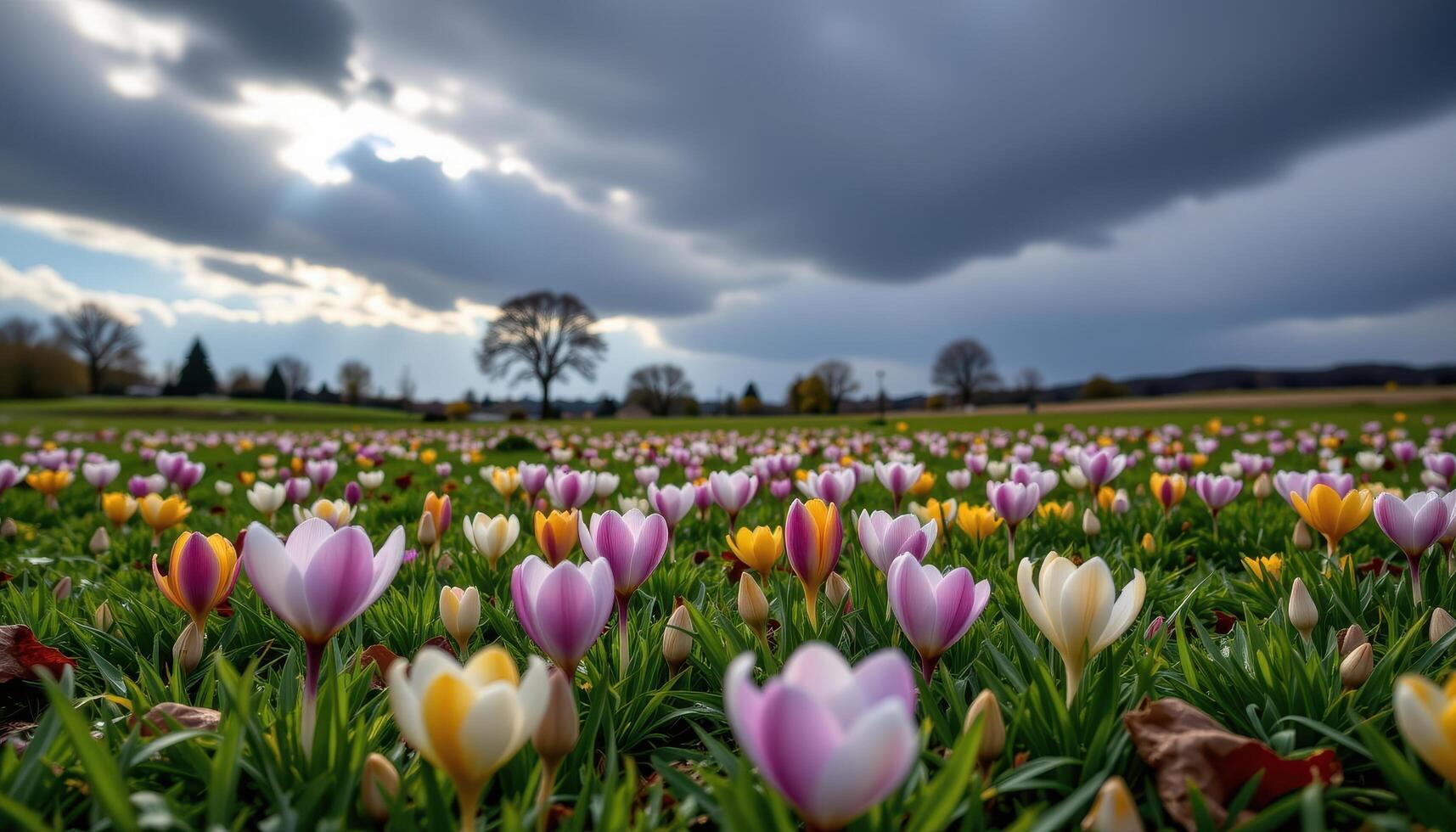 freshly rained on field of crocuses under dramatic sky photo