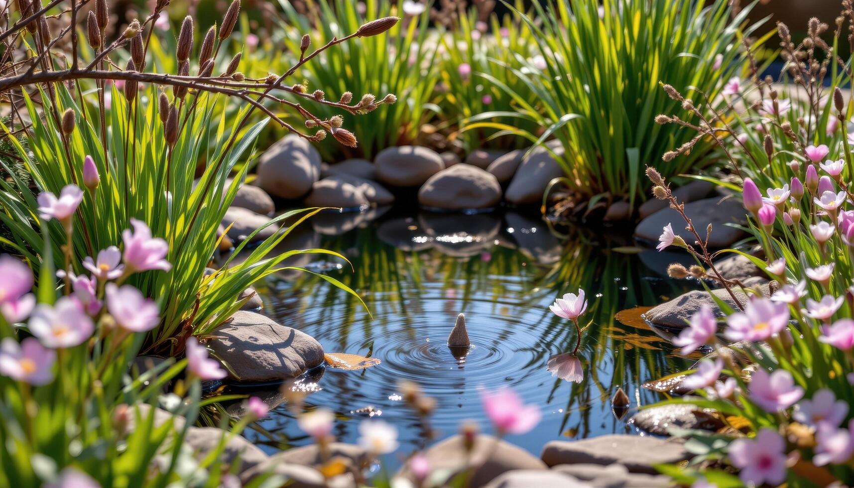 small spring pond surrounded by reeds and fresh blossoms photo