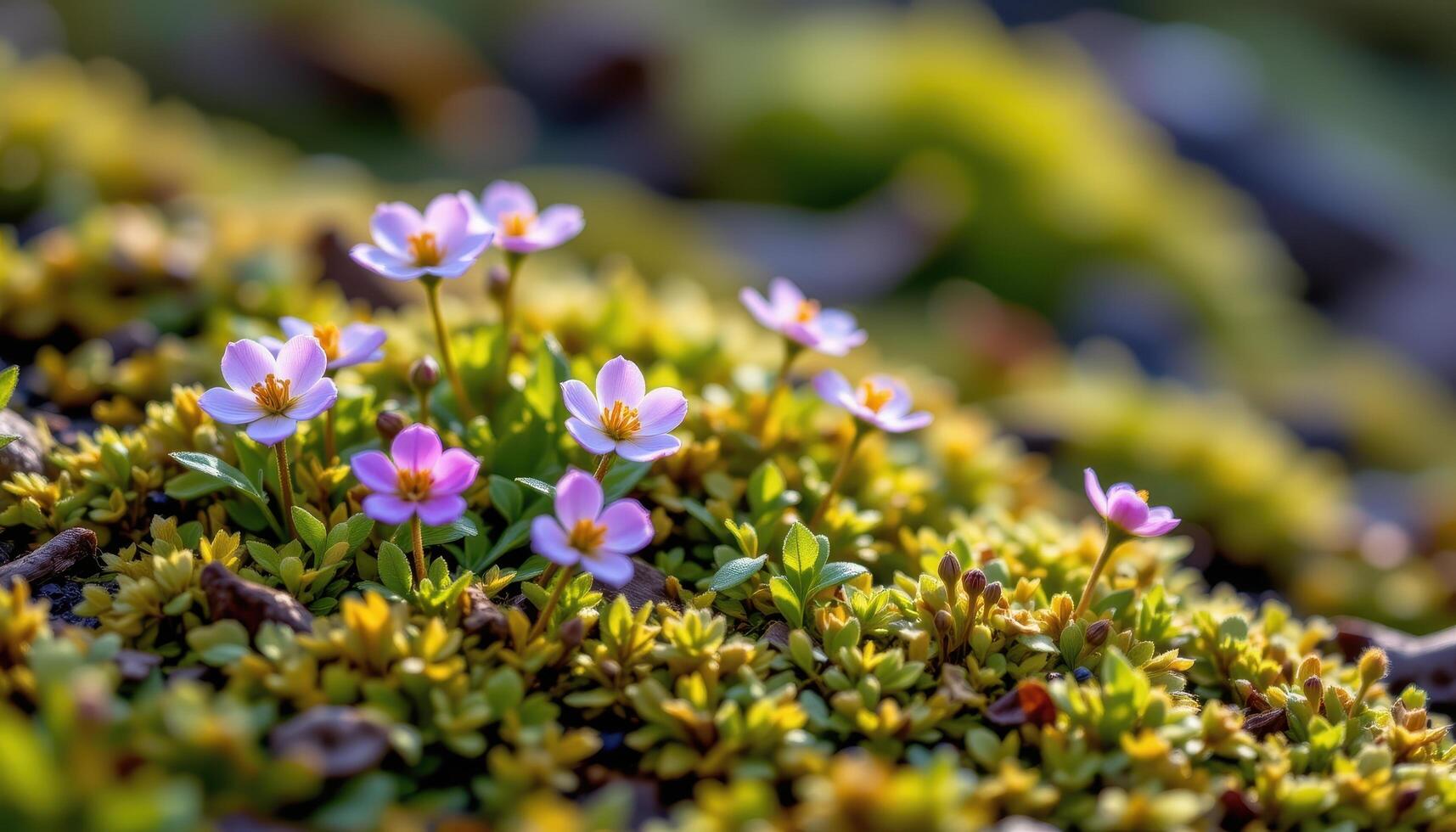 delicate wildflowers peeking through fresh spring moss photo