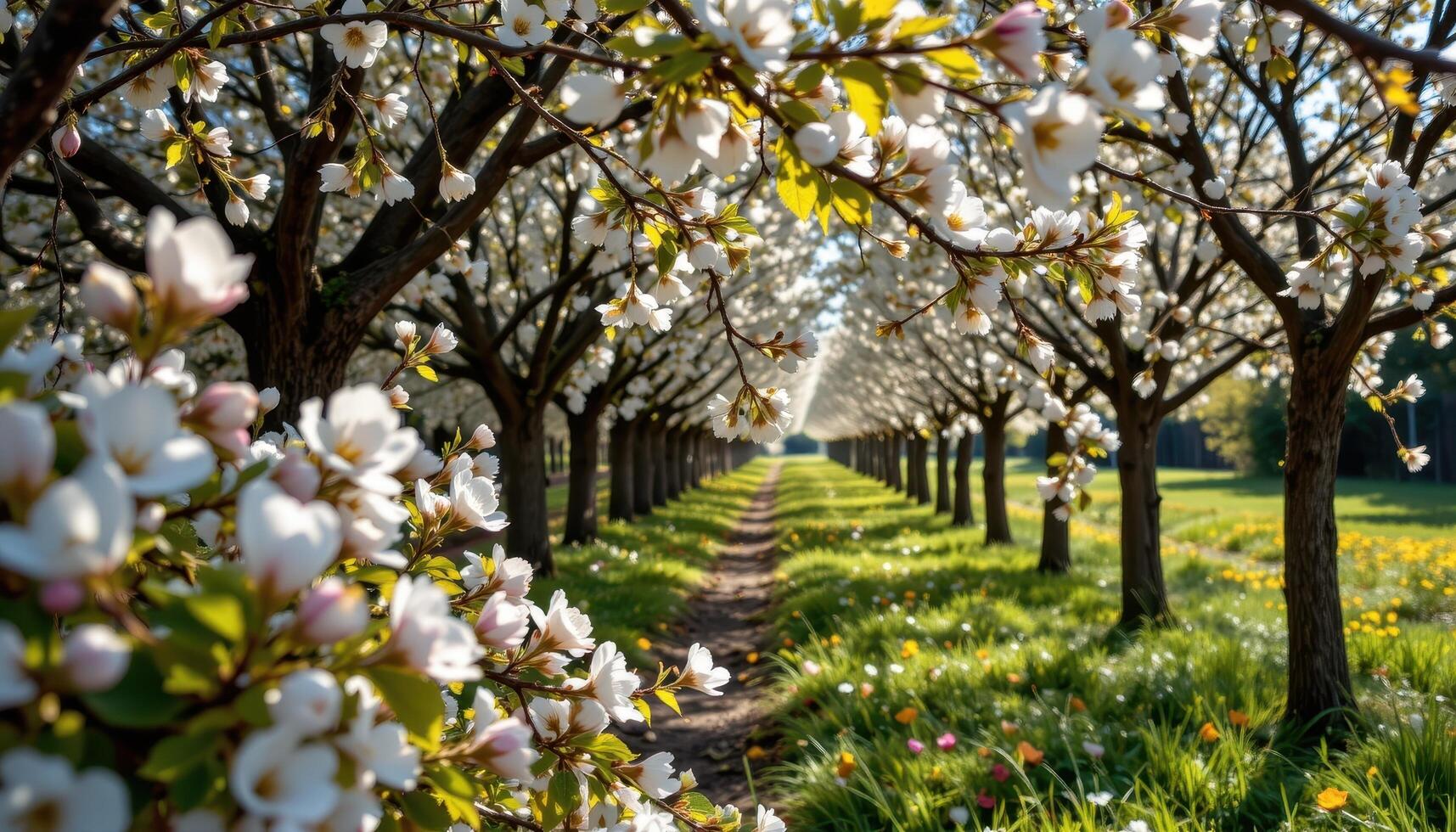 soft sunbeams through a flowering almond grove photo