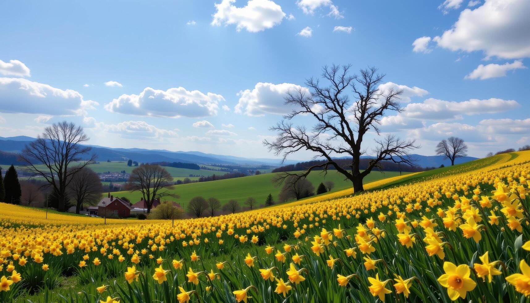 rolling hills covered in bright yellow daffodils photo