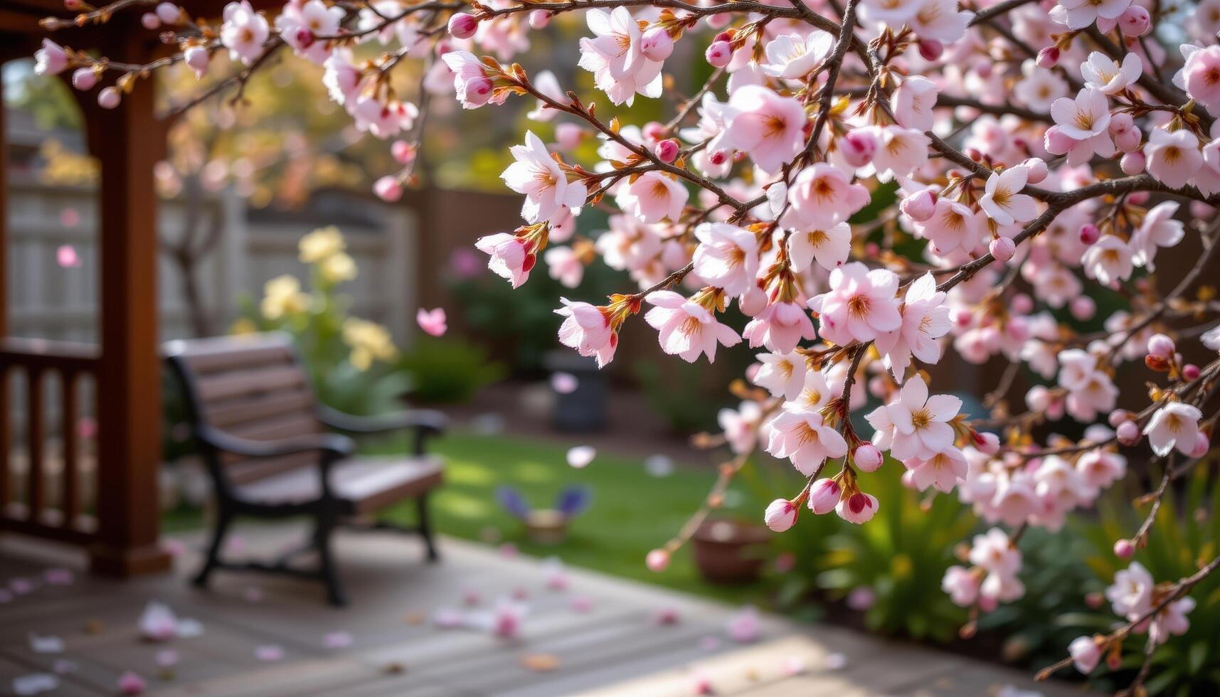 plum blossoms falling onto a small wooden deck photo