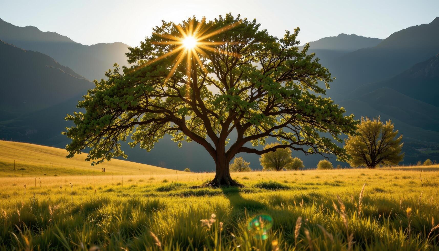 crooked tree in the center of a sunlit grassland photo