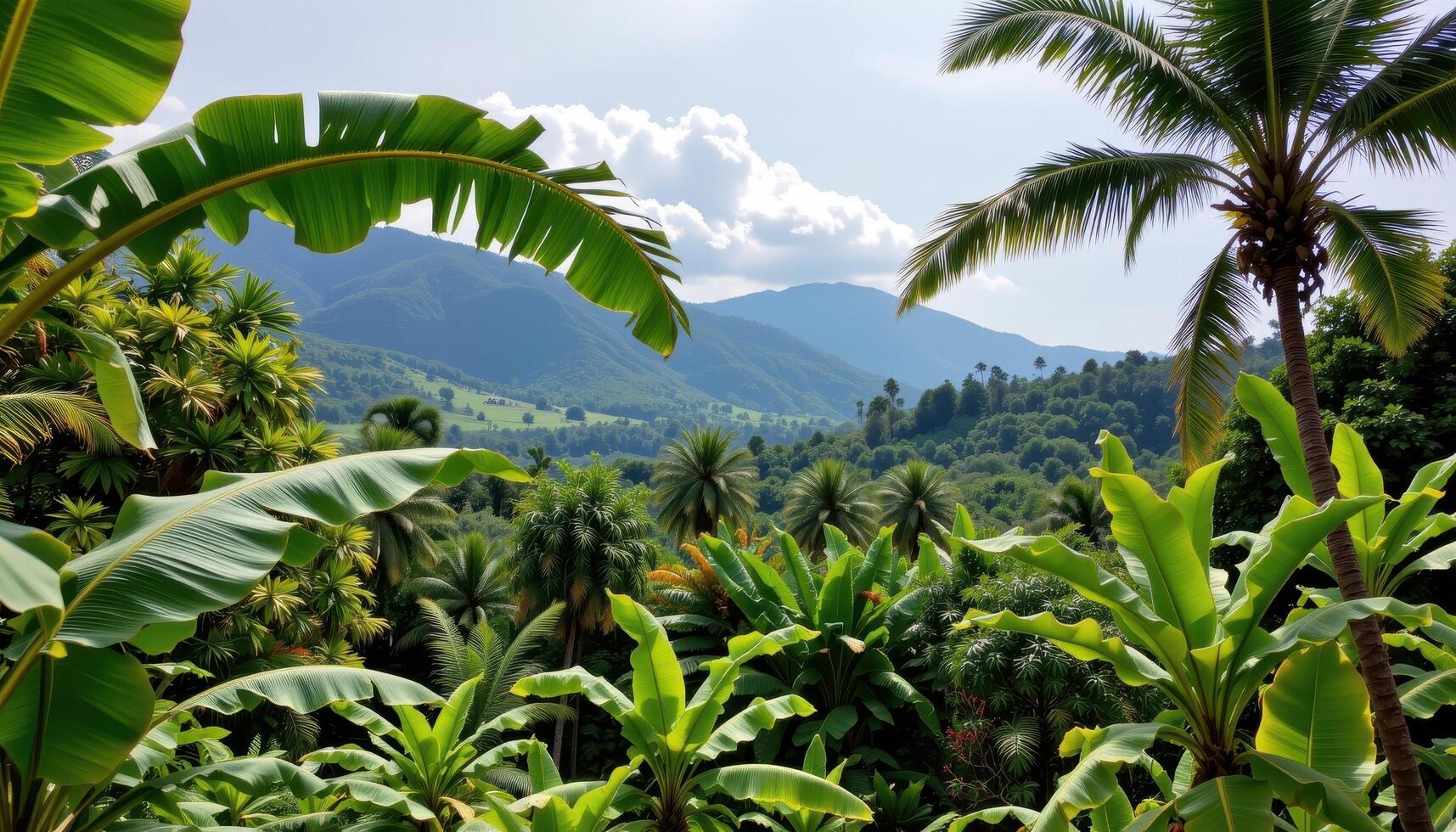 lush tropical hillside filled with banana and palm trees photo