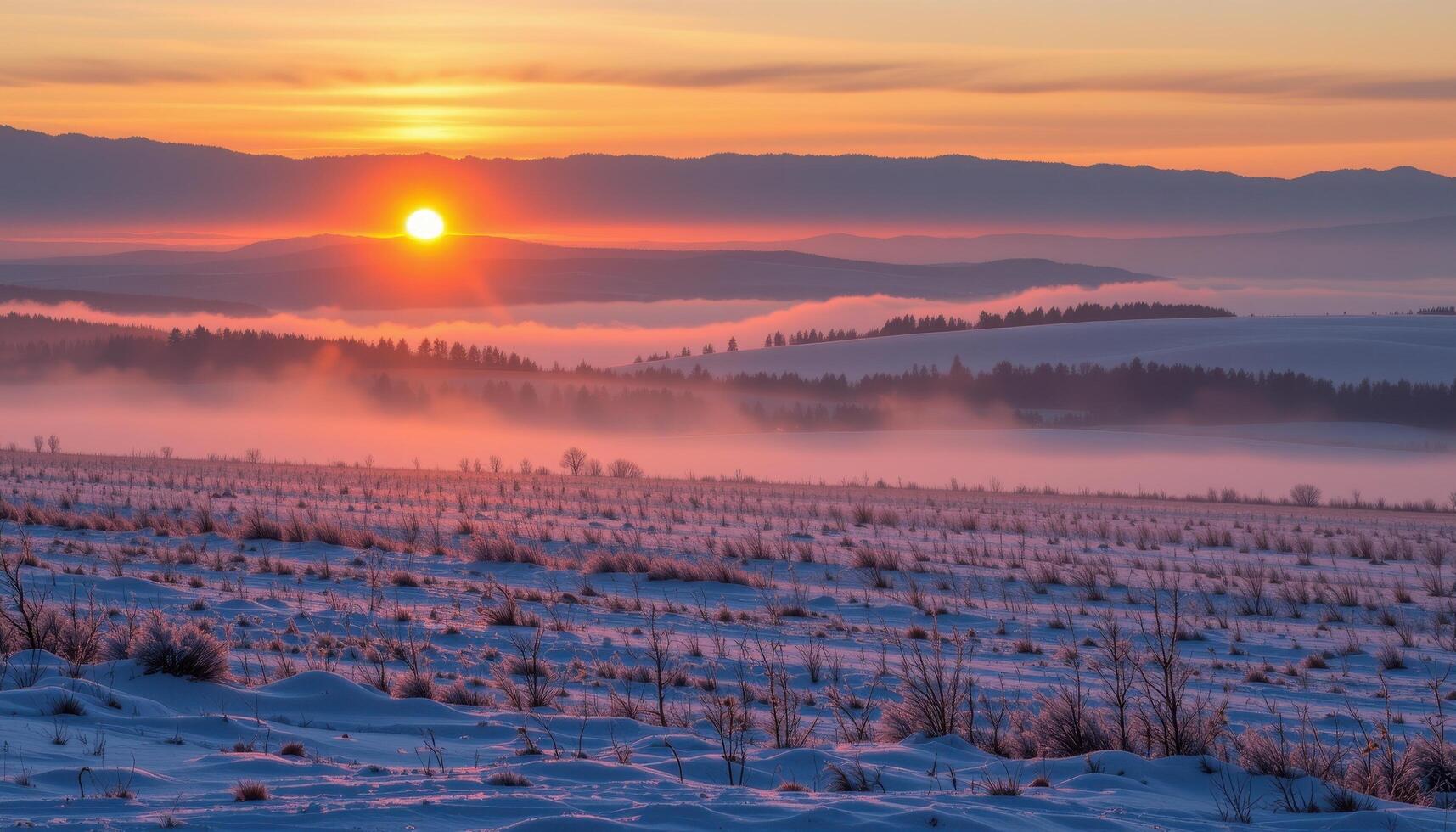 icy mist rolling over snow covered fields at dawn photo