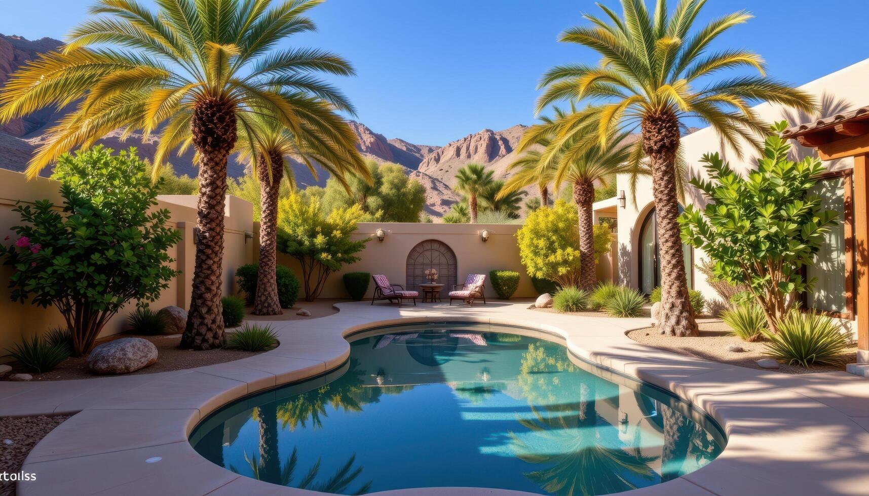 desert oasis with a small clear pool surrounded by palm trees photo