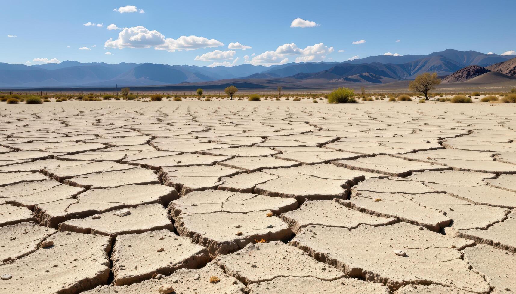 desert plain with cracked dry earth and distant mountains photo