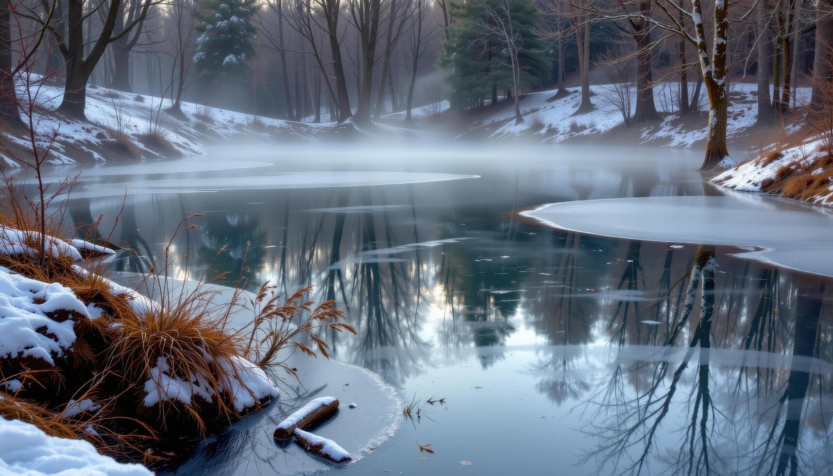 mist rising from a partially frozen forest pond photo