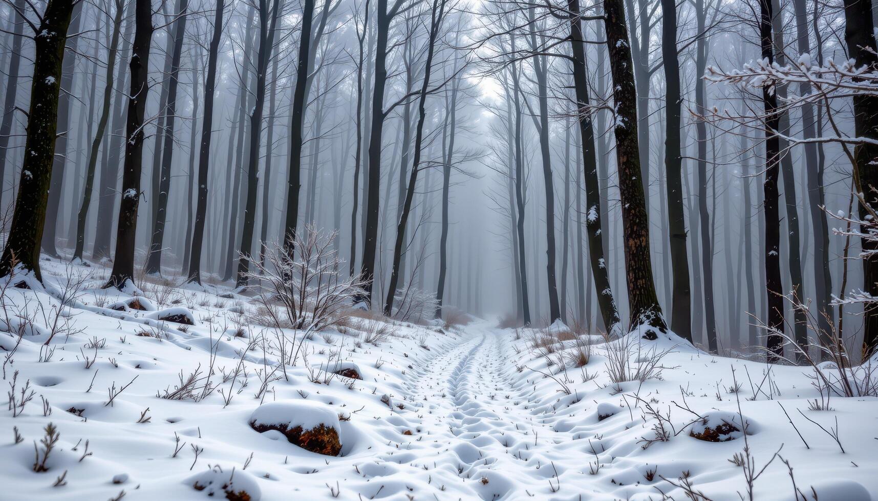 misty winter forest with a layer of freshly fallen snow photo
