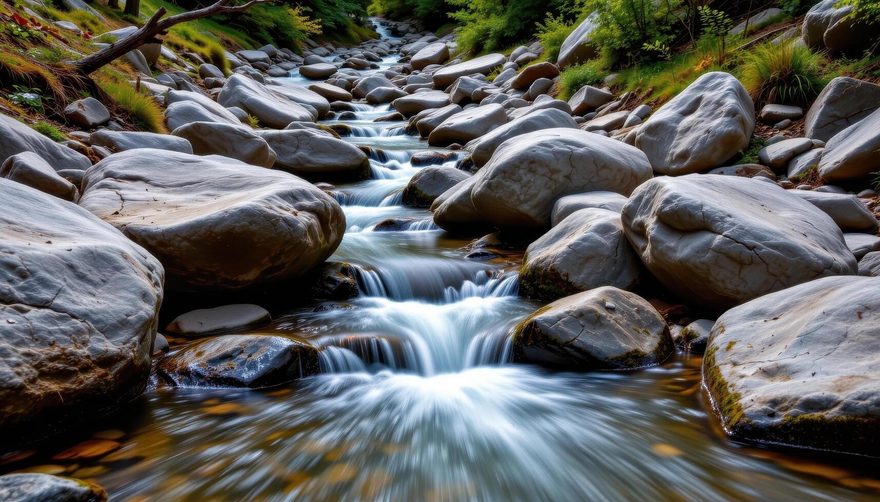 mountain stream cascading over smooth boulders photo