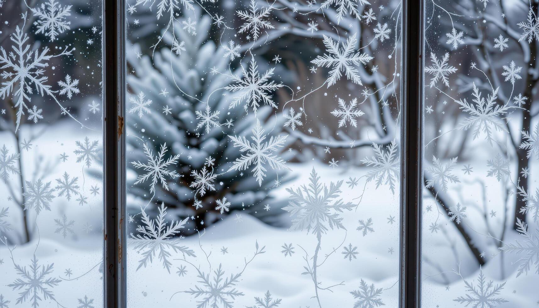 icy patterns etched on windowpanes against snowy background photo