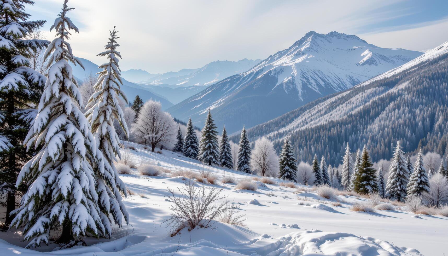 winter mountain landscape with frosted trees and snow patches photo