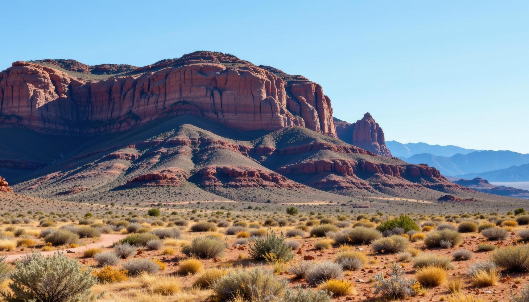 desert mesa with layered rock strata and sparse vegetation photo