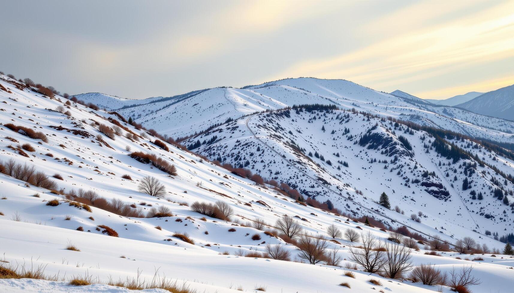 snowy hill slopes with patches of exposed dark earth photo