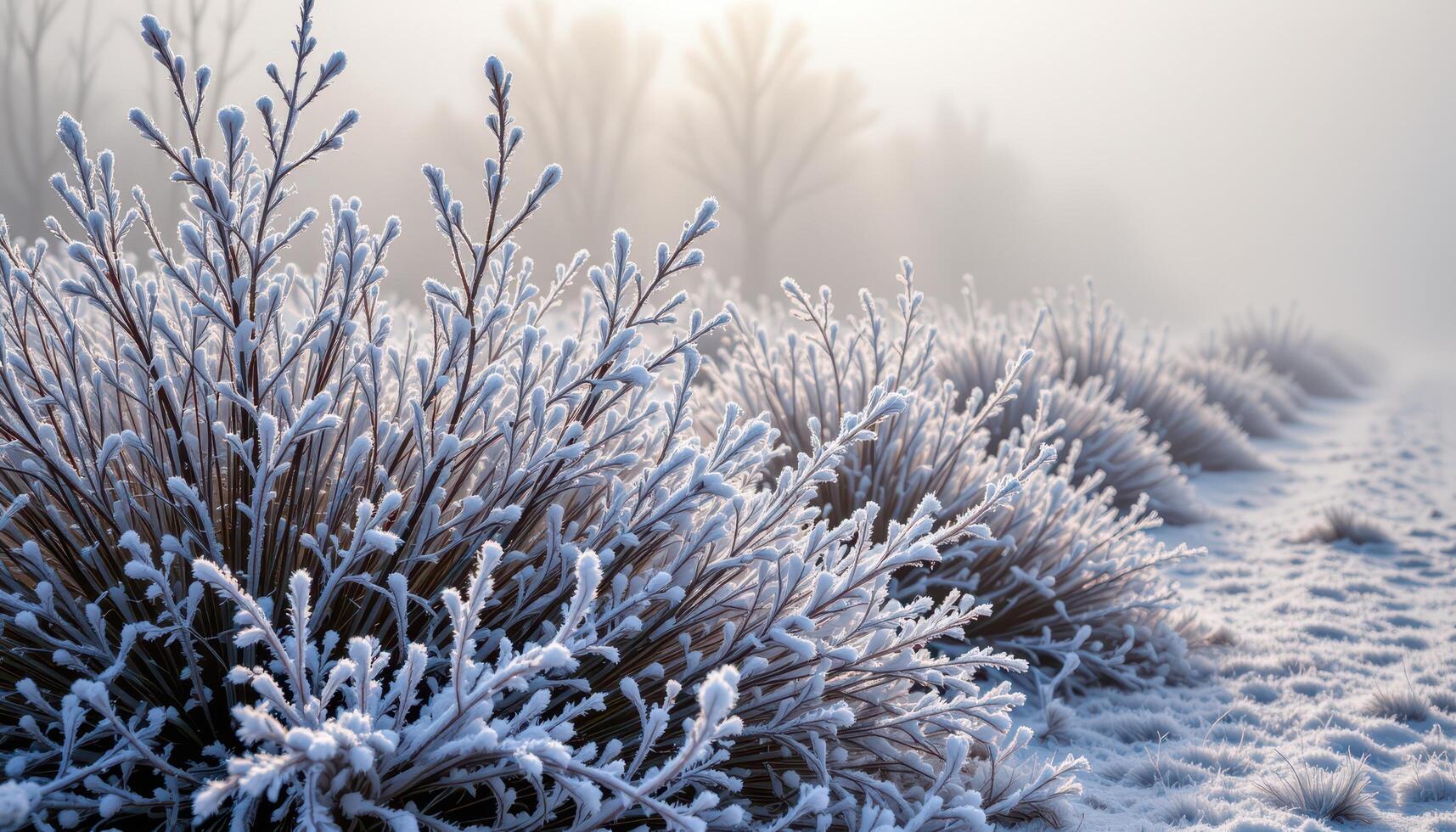 frozen fog weaving through frost coated bushes photo