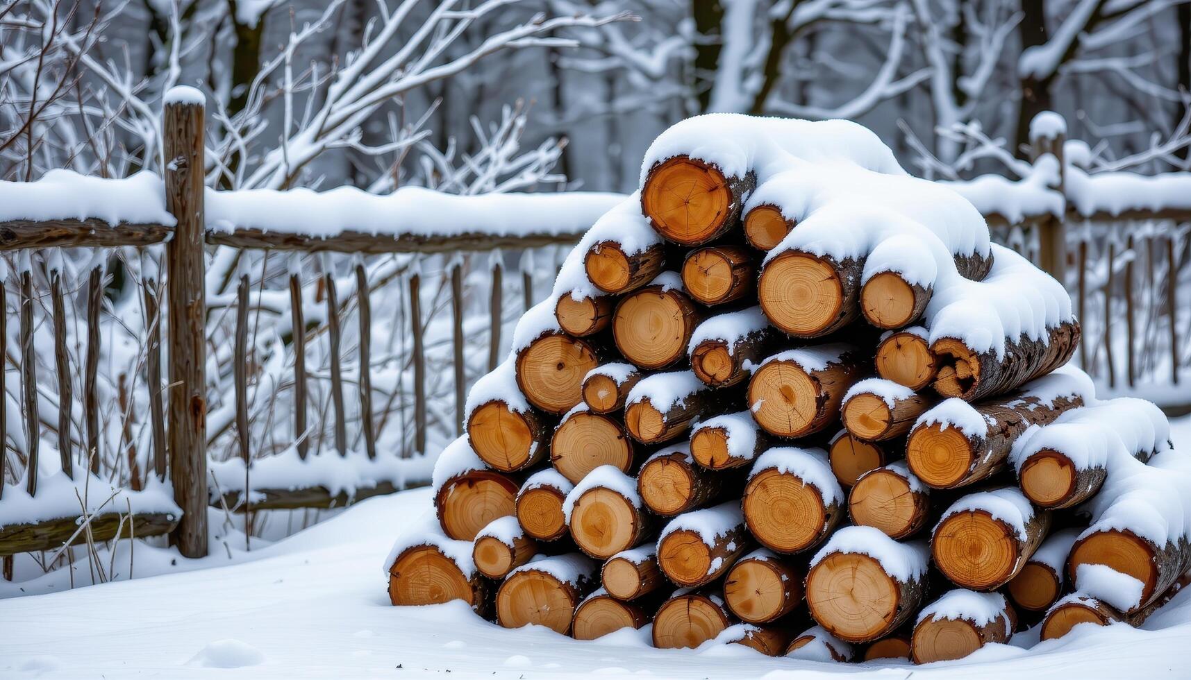 snowy log pile stacked beside a frost covered fence photo
