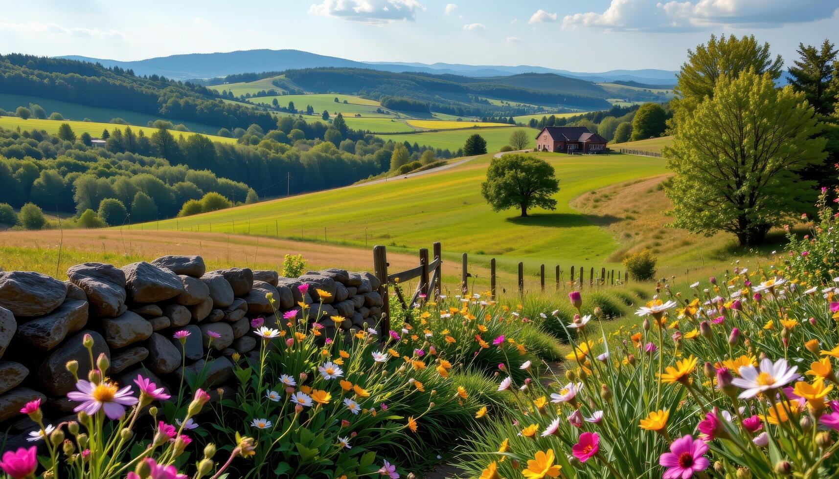 rolling hills with old stone fences and blooming wildflowers photo