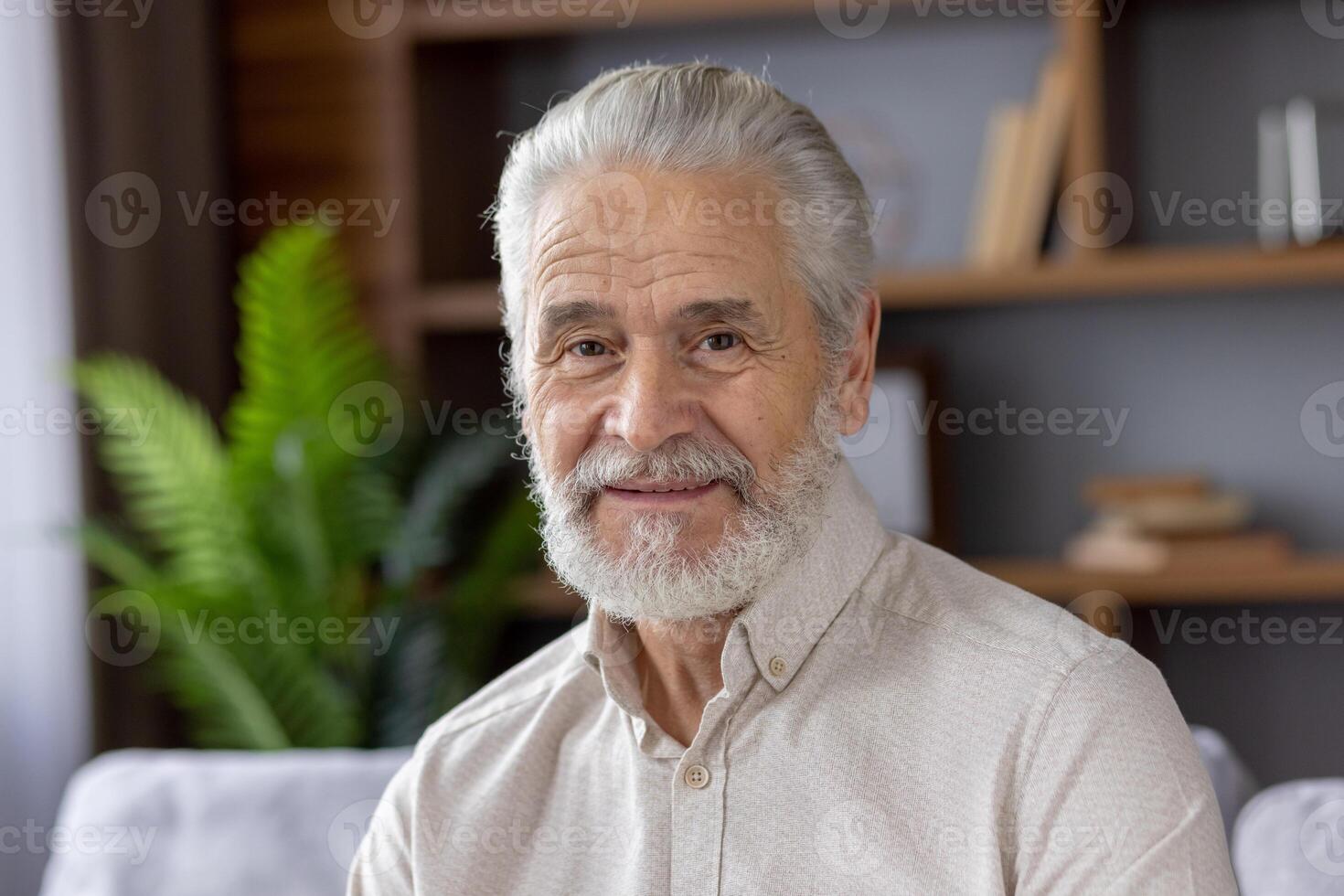 Portrait of a happy elderly man with grey hair and beard. He is sitting in a comfortable home living room setting. photo