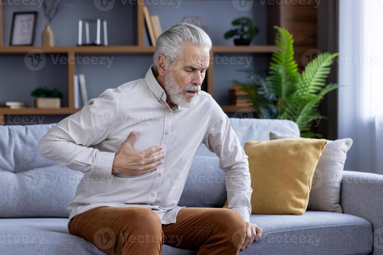 Senior gray-haired man sitting on the sofa at home and holding his hand to his chest, suffering from a heart attack and heart attack. photo