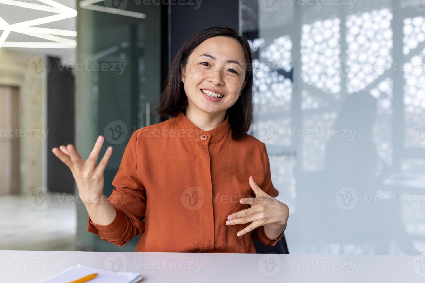 Webcam view, happy Asian businesswoman smiling and looking at camera, call with colleagues, remote meeting, female worker in modern office. photo