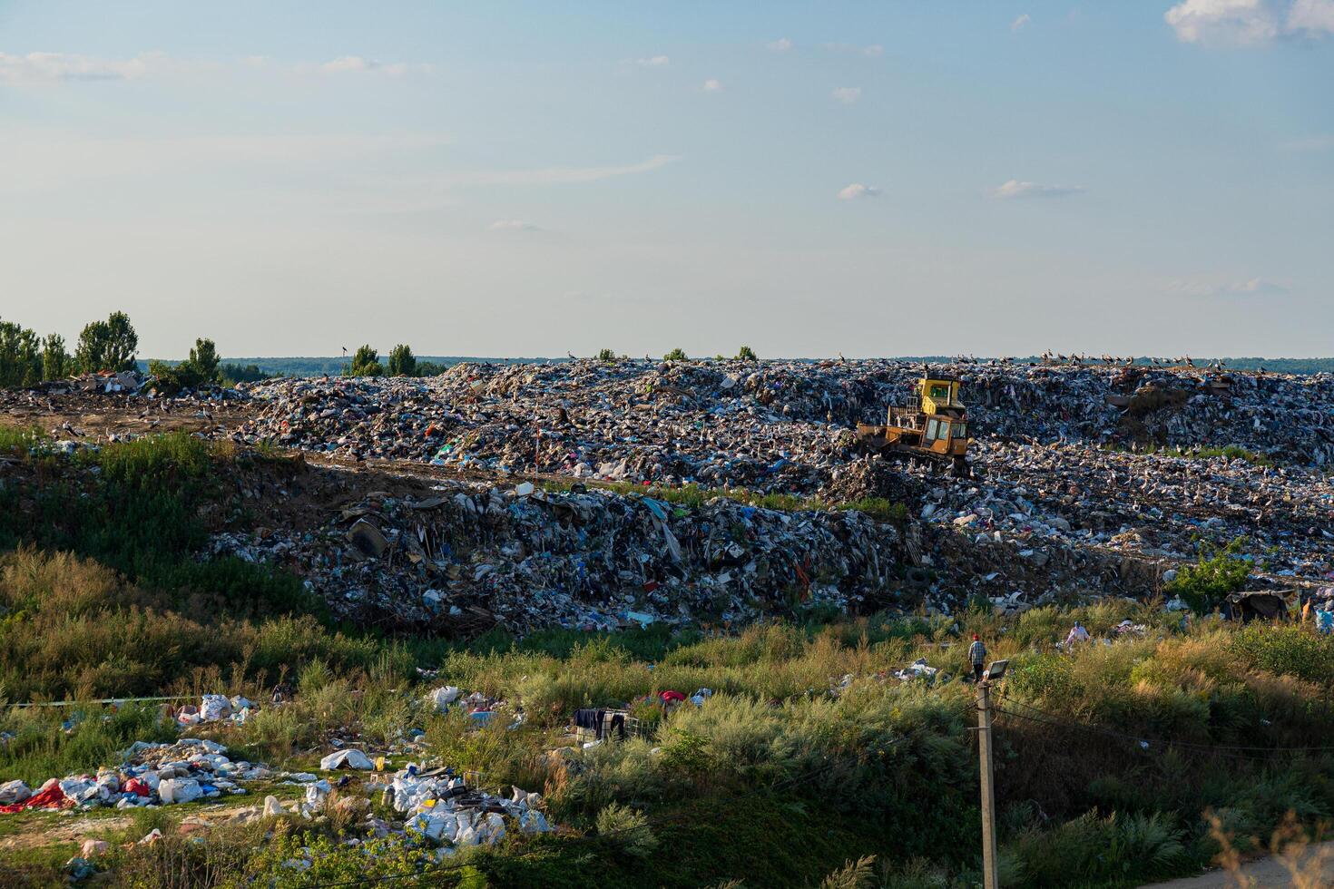 Heavy machinery operates in a landfill filled with waste and plastic debris, surrounded by green vegetation under a sunny sky photo