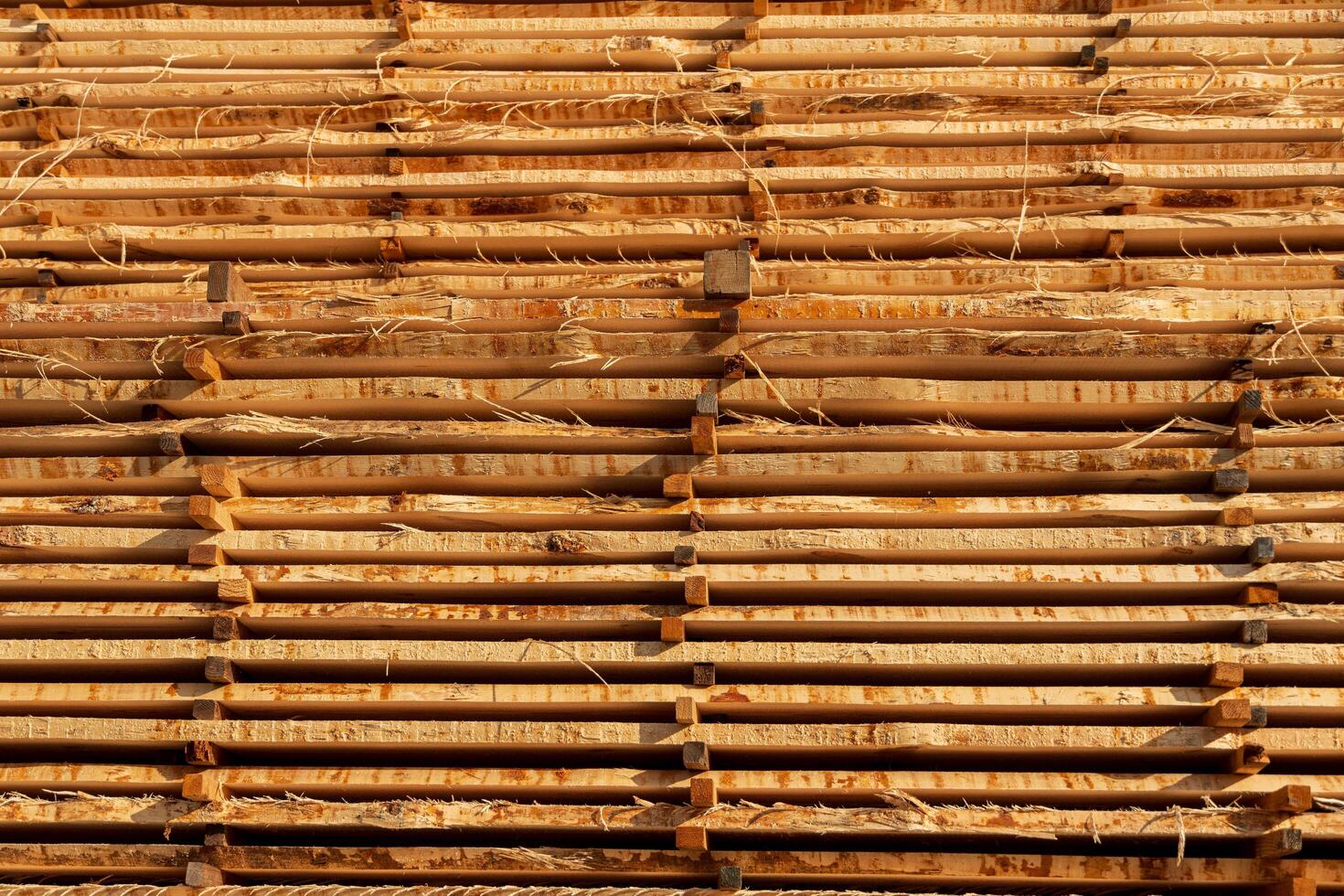 Stacks of bamboo poles are organized horizontally, showcasing their natural texture and color, ideal for eco-friendly construction photo