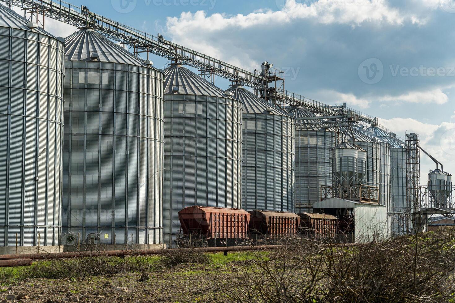 Grain silos at a farming site are filled with harvested crops as trucks wait for storage and transport beneath a partly cloudy sky photo
