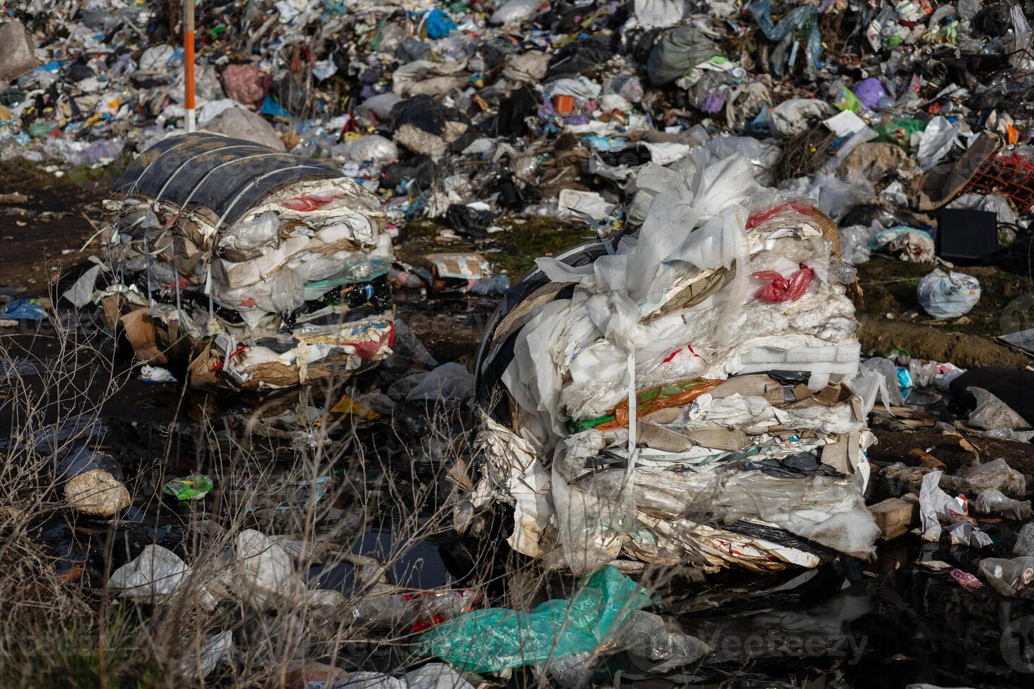 A large landfill is overflowing with plastic, trash, and various debris, highlighting the pollution problem affecting the local ecology photo