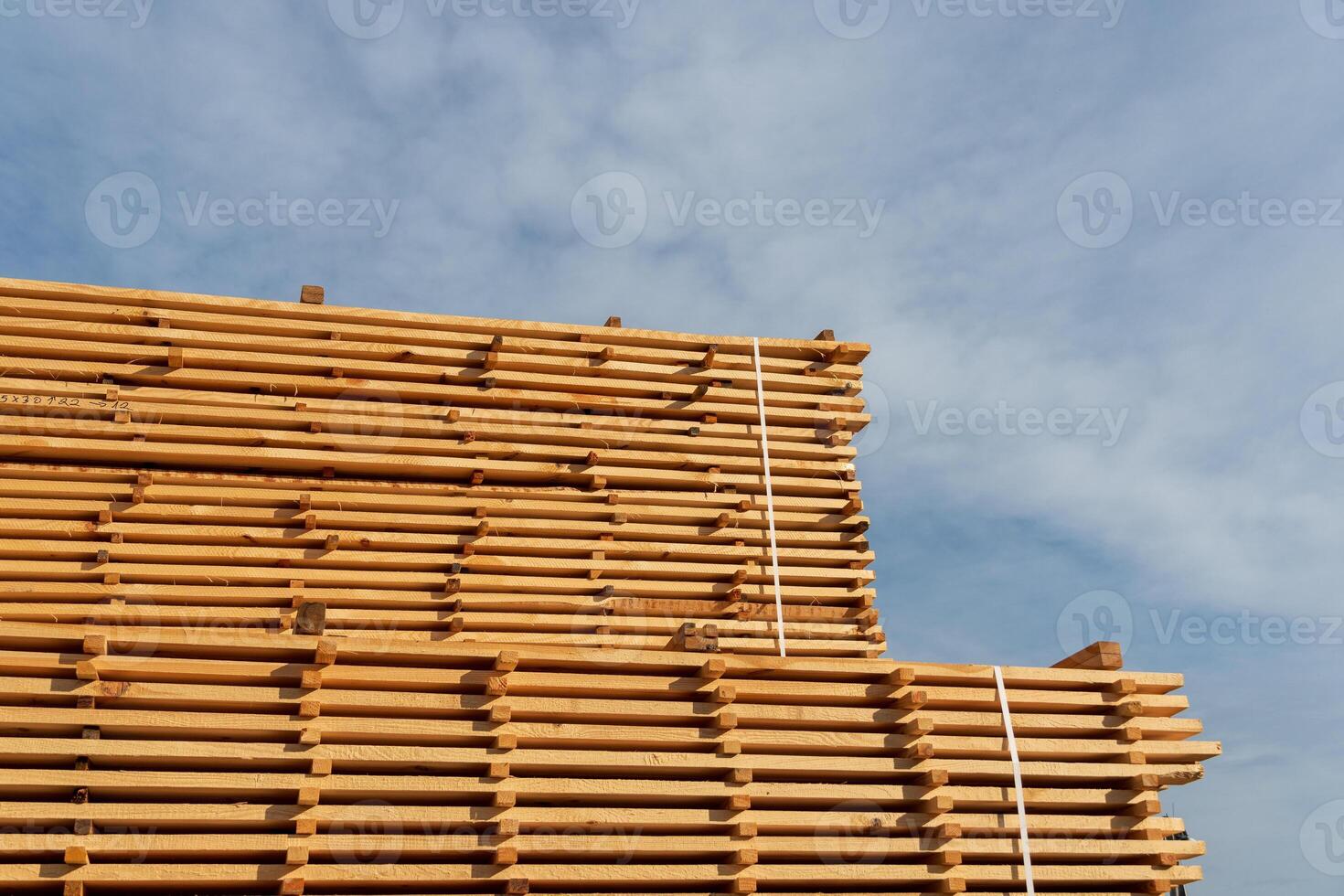 Timber planks are neatly stacked at a sawmill, illuminated by sunlight, highlighting their rich textures against the sky photo
