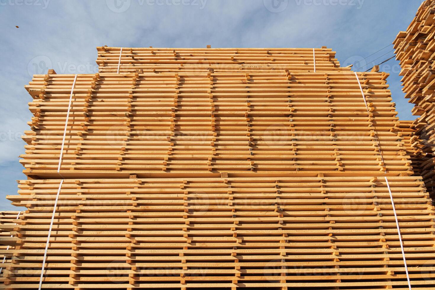 Stacks of neatly arranged wooden planks rest at a lumberyard, showcasing the natural texture and color of the wood in daylight photo