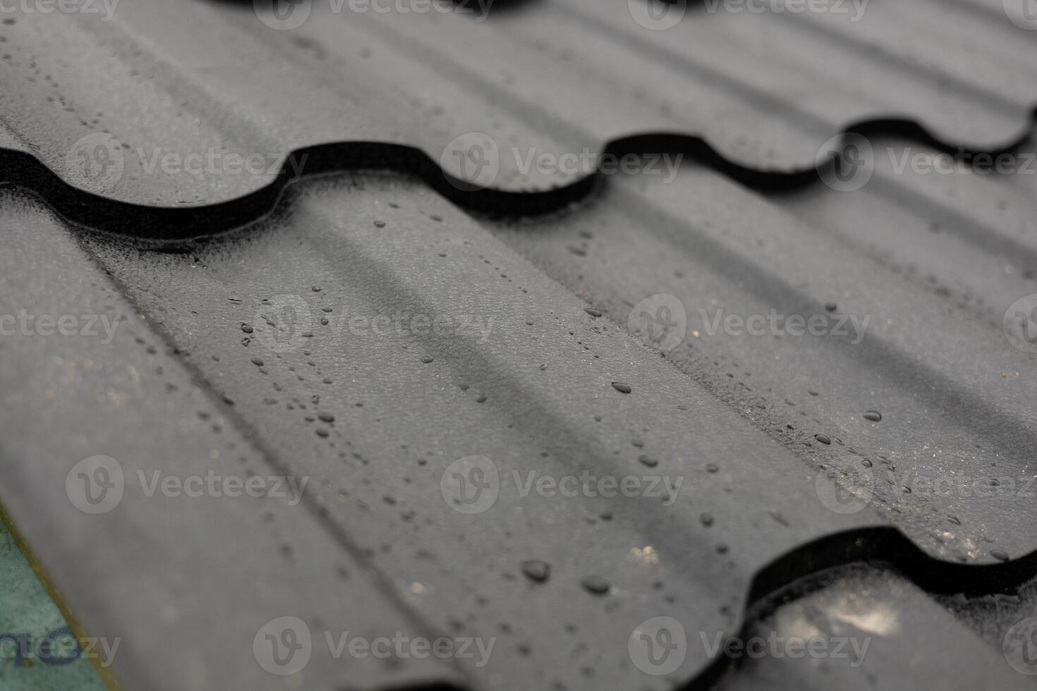 Raindrops bead on the surface of sleek metallic tiles, reflecting the artistry of modern roof design in a residential setting photo