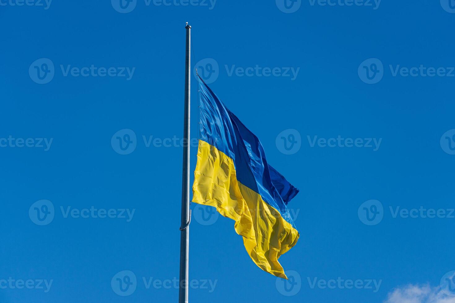 The vibrant blue and yellow flag of Ukraine flutters gracefully atop a pole, embodying the spirit of patriotism against a backdrop of bright blue sky photo