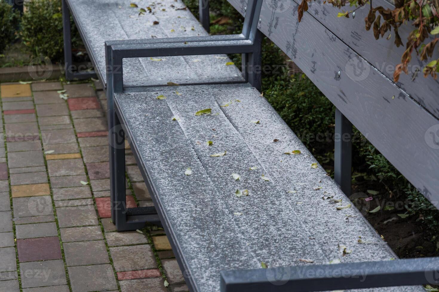 A bench blanketed in light snow sits in a winter environment, surrounded by colorful paving stones and hints of greenery photo