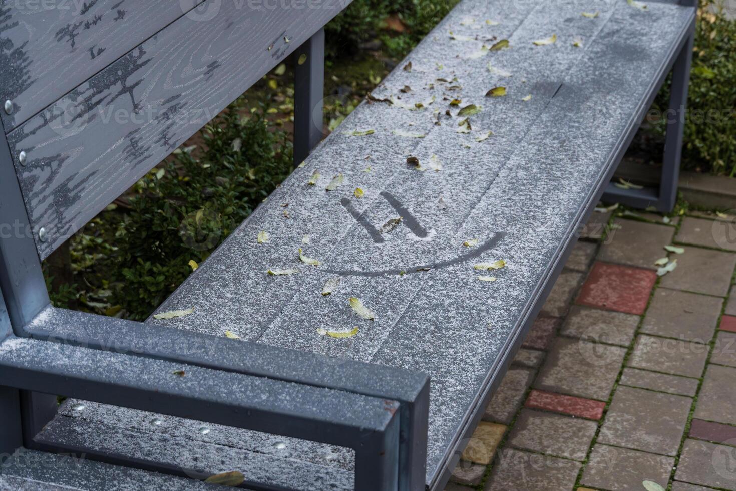 An empty bench blanketed in snow shows a subtle smile carved into its surface amid fallen leaves, creating a serene winter scene photo