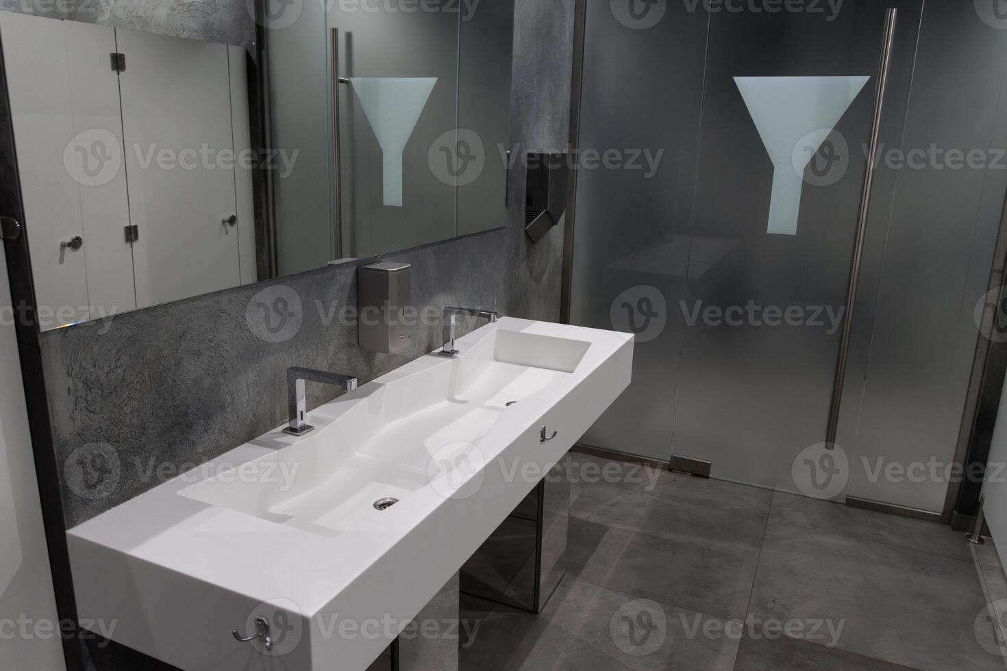 This contemporary urban restroom showcases a sleek design with a spacious dual sink, minimalist fixtures, and frosted glass accents photo
