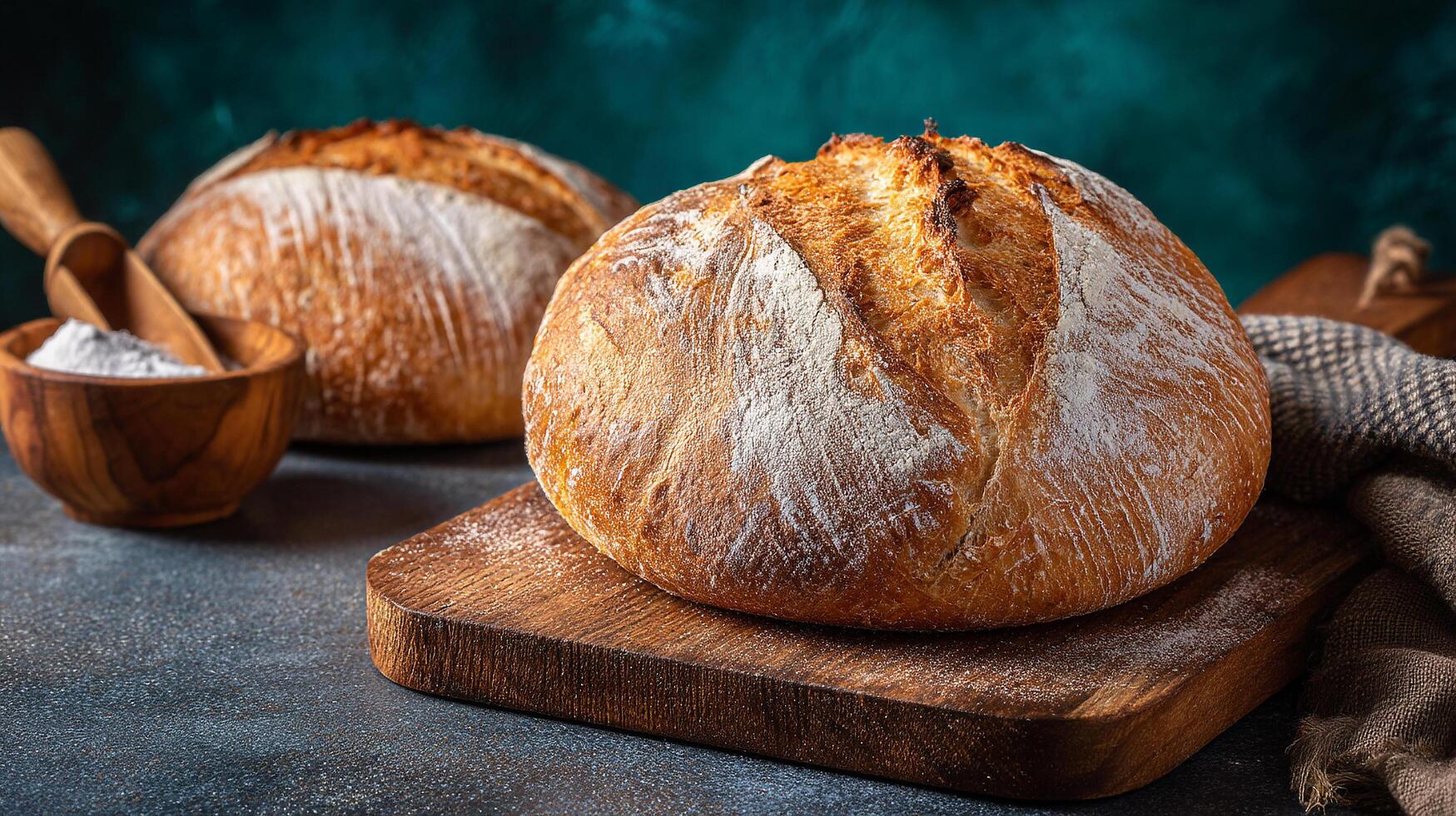 Rustic table photo with artisan bread loaf