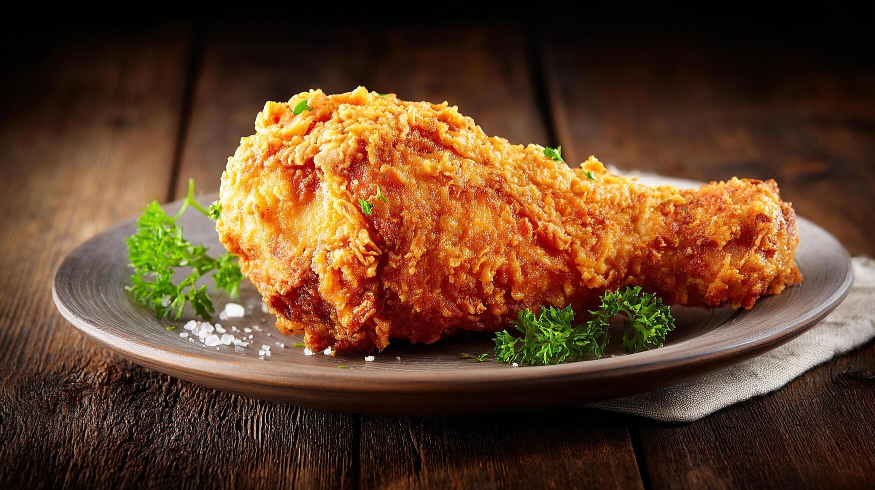 Photorealistic image of chicken leg on dish with grain photo