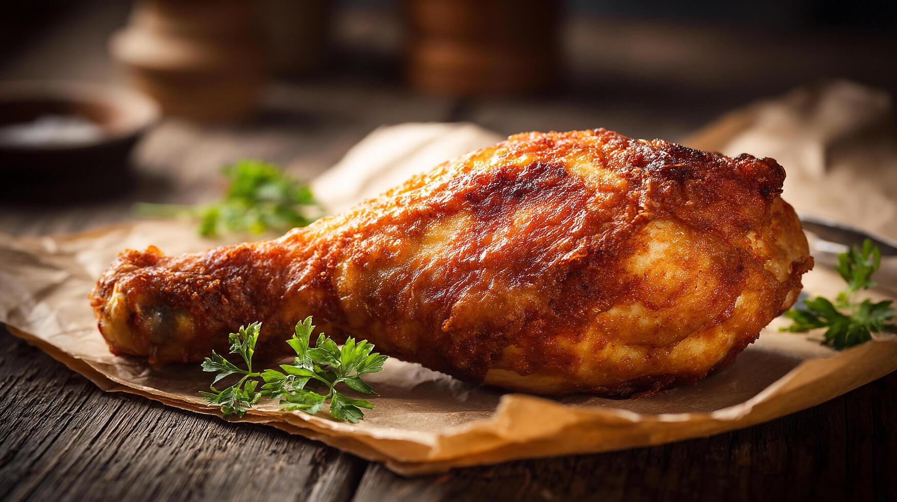 Photorealistic food shot of chicken leg on rustic table photo