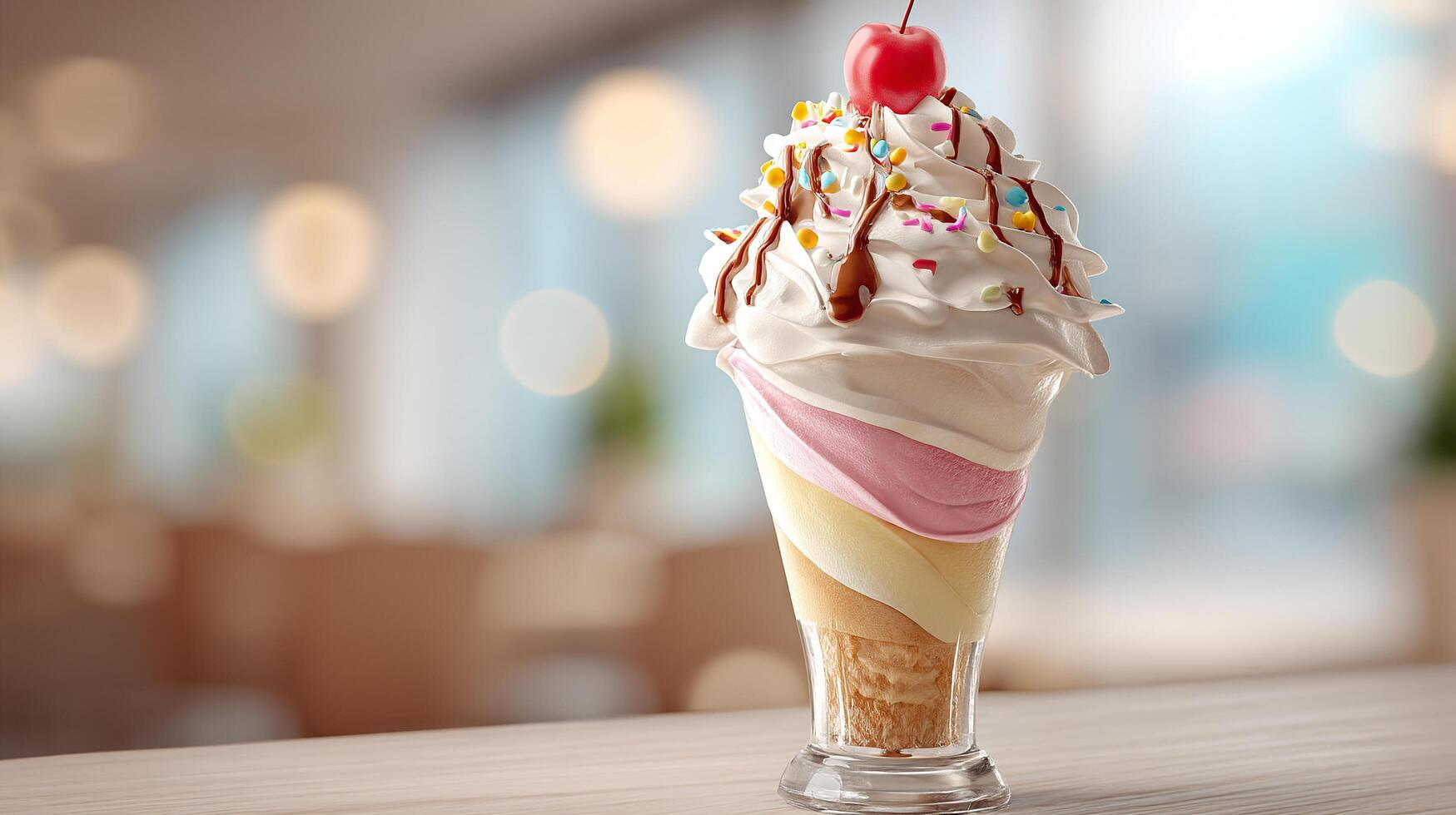 Creamy ice cream scoop with chocolate syrup fresh nuts berries and fruit toppings photo