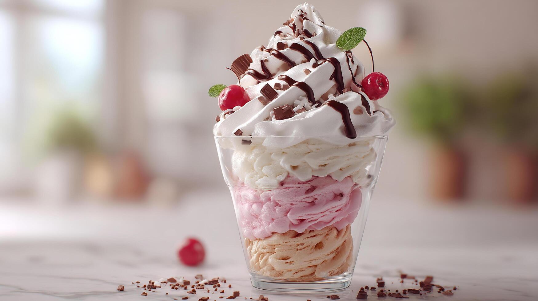 Close up shot of creamy ice cream with natural light colorful toppings and syrup photo